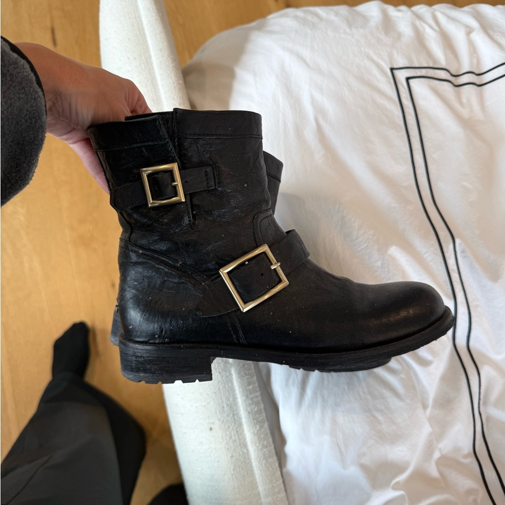Jimmy Choo Buckled Crinkled-Leather Ankle Boots